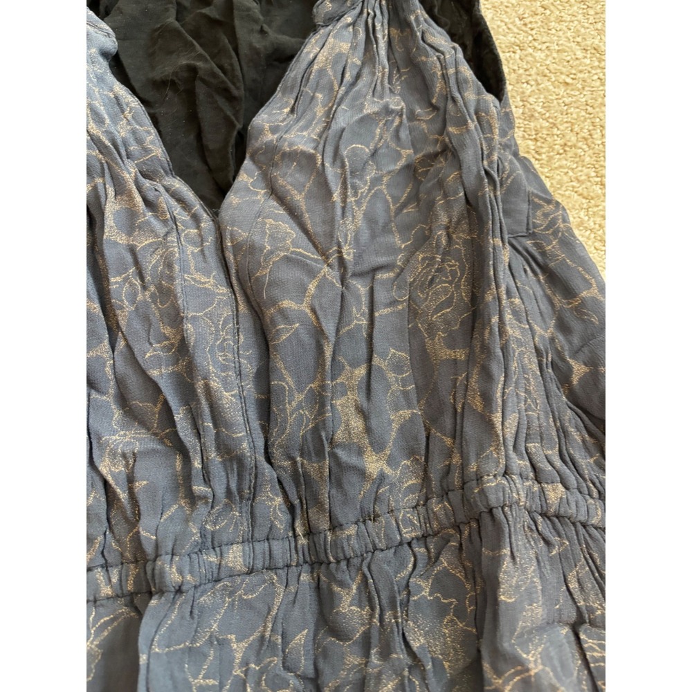 World Market Maxi Dress L/XL Blue Gold Floral Boho Crinkle Sleeveless Tiered - Picture 2 of 8